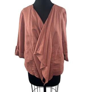 DALIA Dusty Pink Cardigan Top Linen Pockets 3/4 Roll Up Sleeve Size Large L
